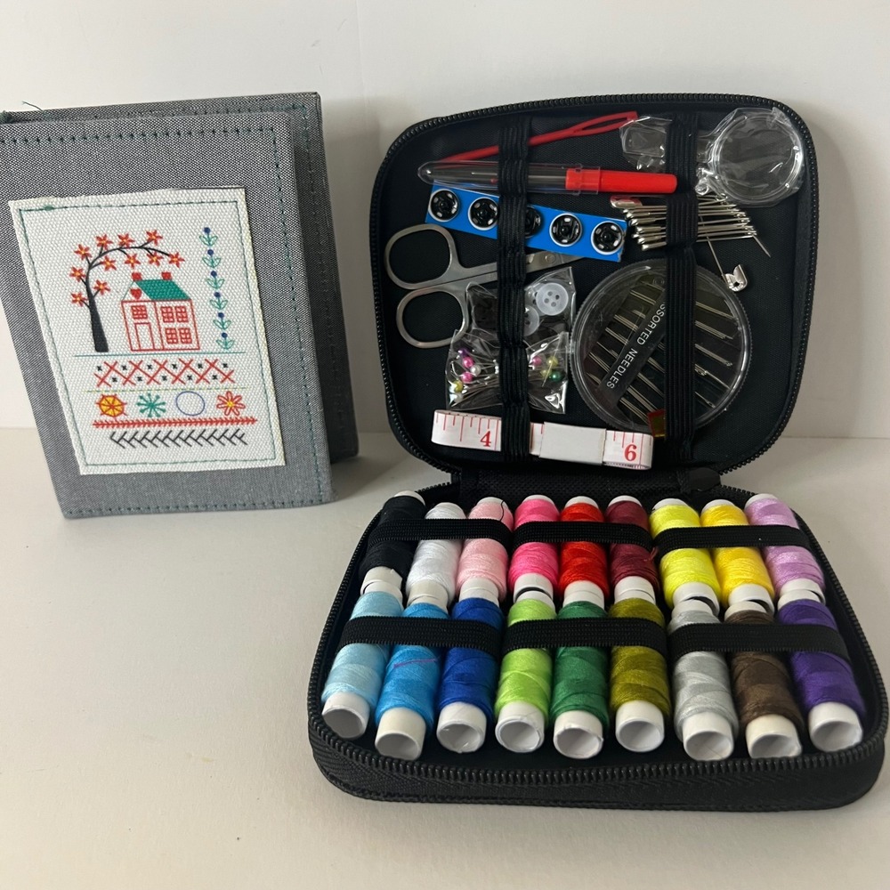 Compact Gray Sewing Kit with Multicolor Thread & Tools